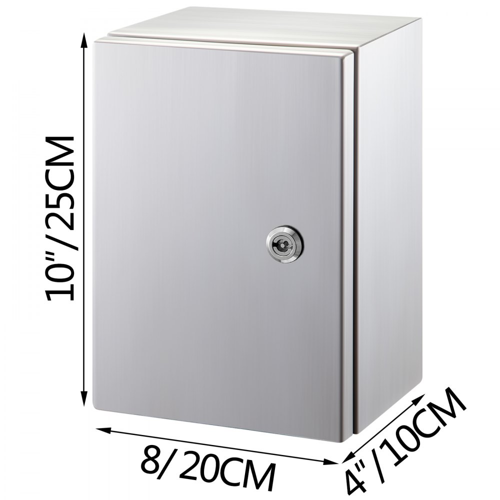 Dimensiones de la carcasa de acero inoxidable VEVOR nema 10&quot; x 8&quot; x 4&quot; (25 x 20 x 10 cm).