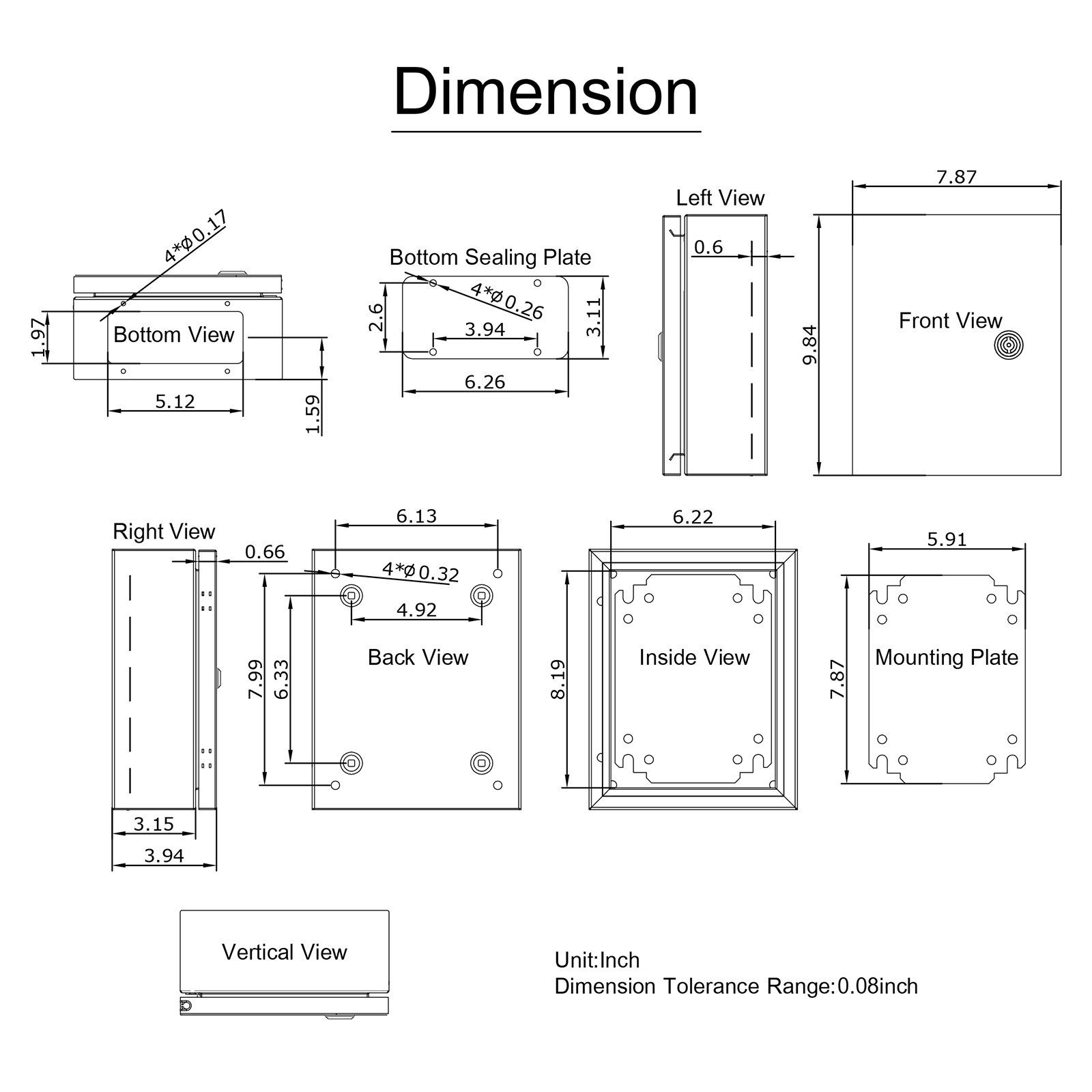 Diagrama de gabinete de acero inoxidable nema VEVOR con dimensiones en pulgadas.