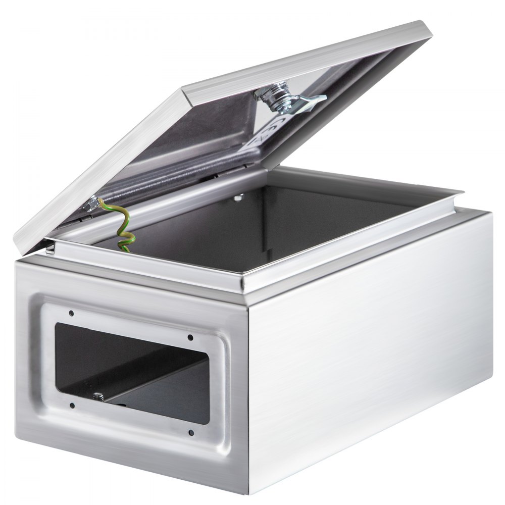 Caja eléctrica de acero inoxidable nema VEVOR abierta que muestra el interior y la tapa con bisagras.