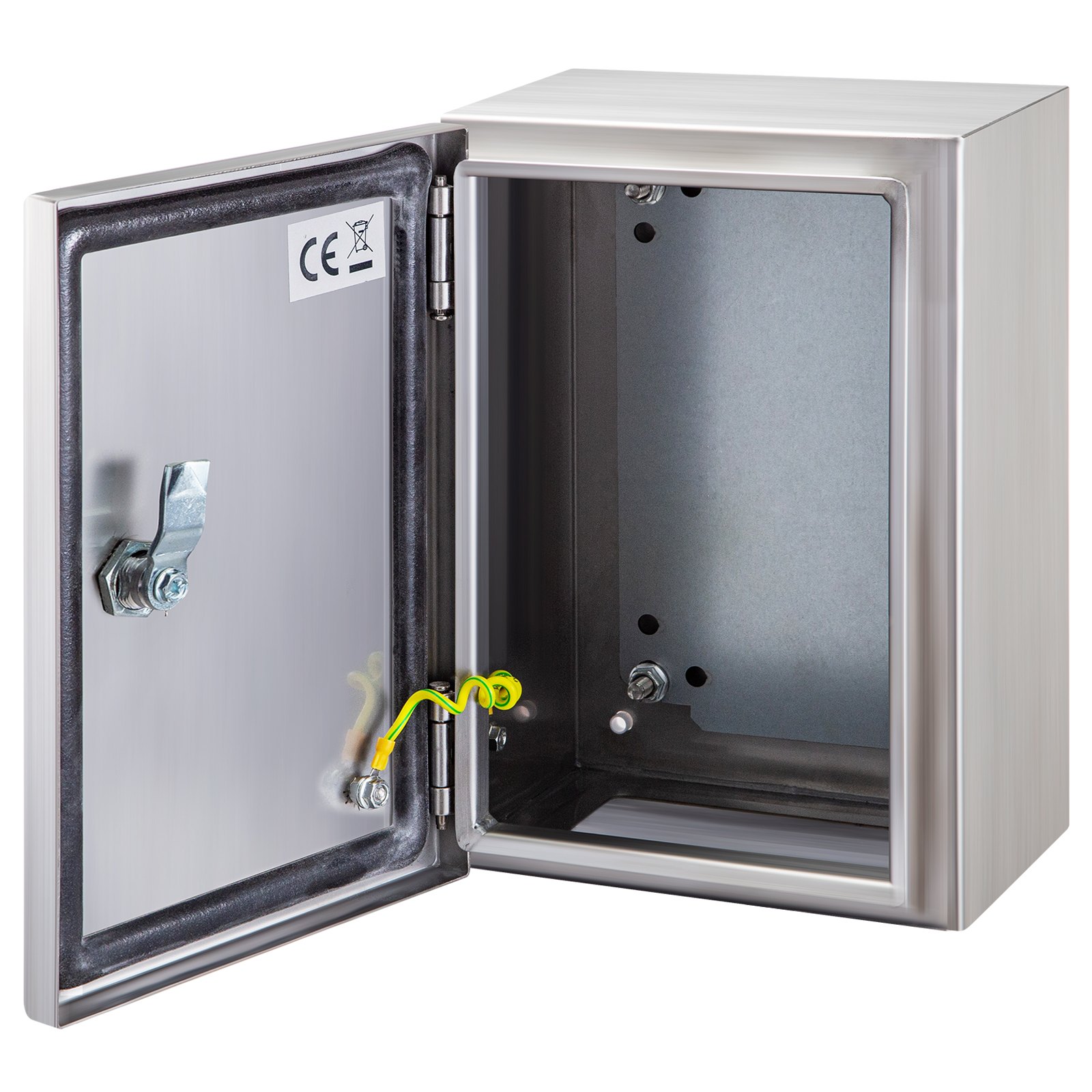Caja eléctrica VEVOR nema de acero inoxidable con puerta abierta que muestra el interior.