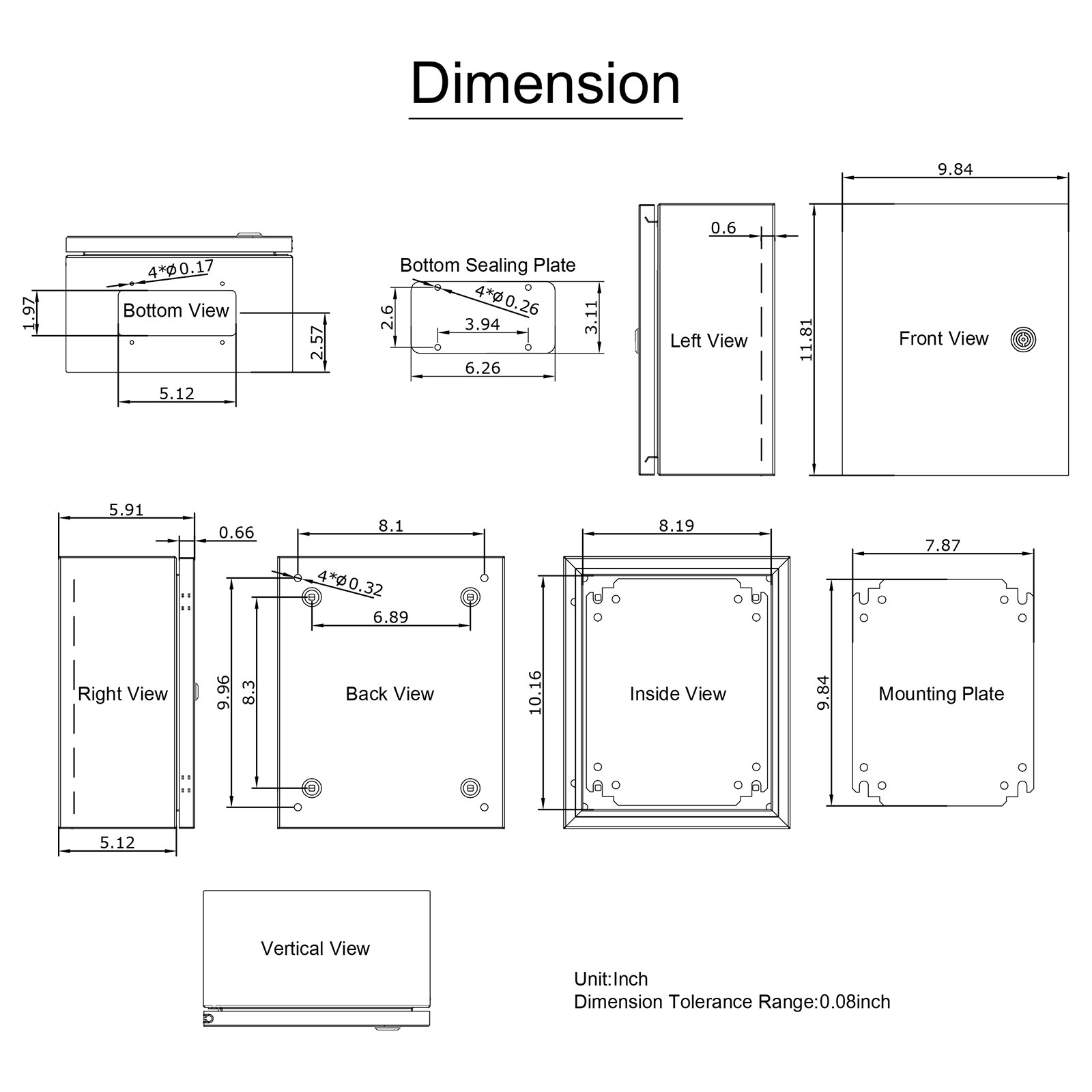 Diagrama de dimensiones del gabinete eléctrico de acero inoxidable VEVOR NEMA con vistas detalladas.