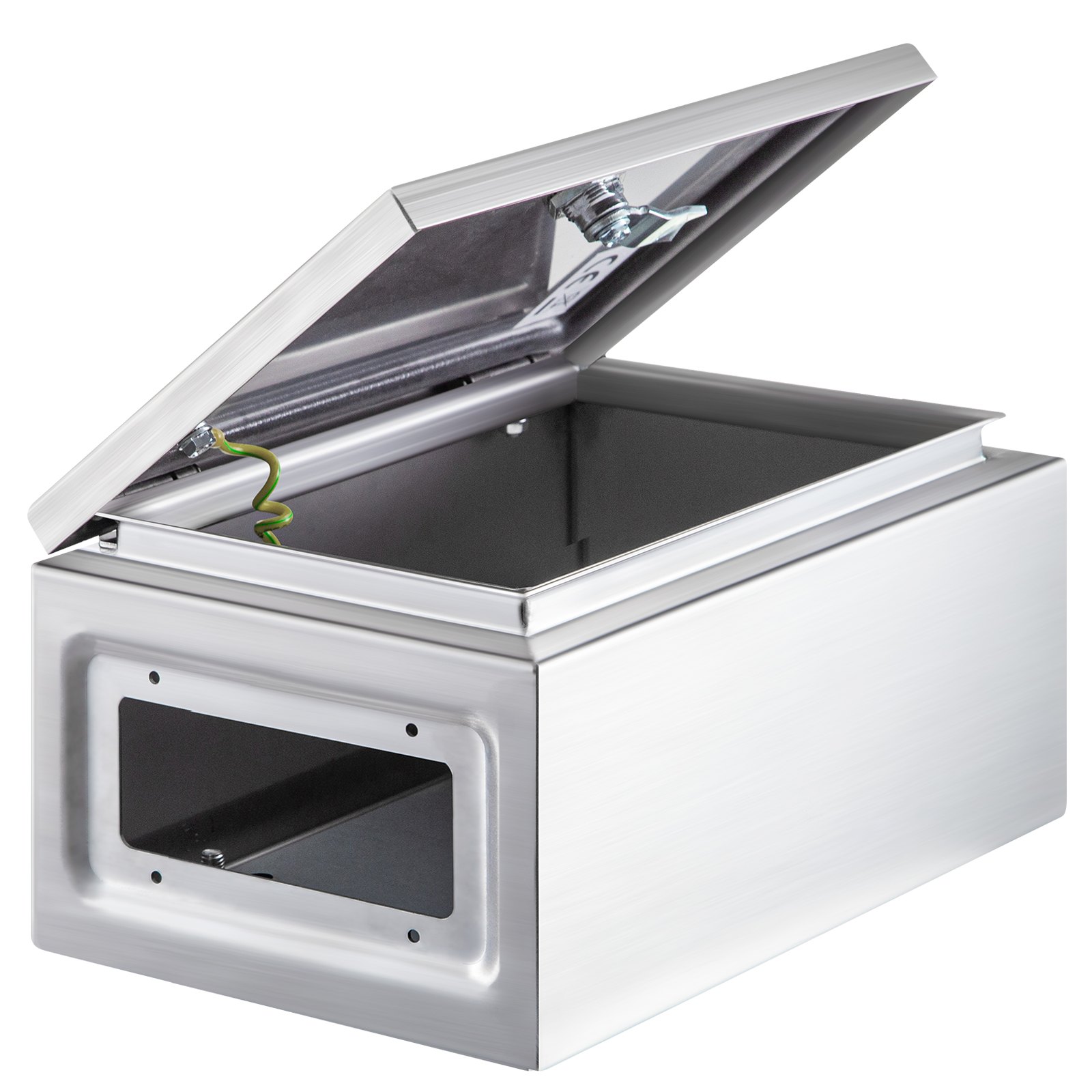 Caja eléctrica de acero inoxidable nema VEVOR abierta que muestra el interior y la tapa con bisagras.