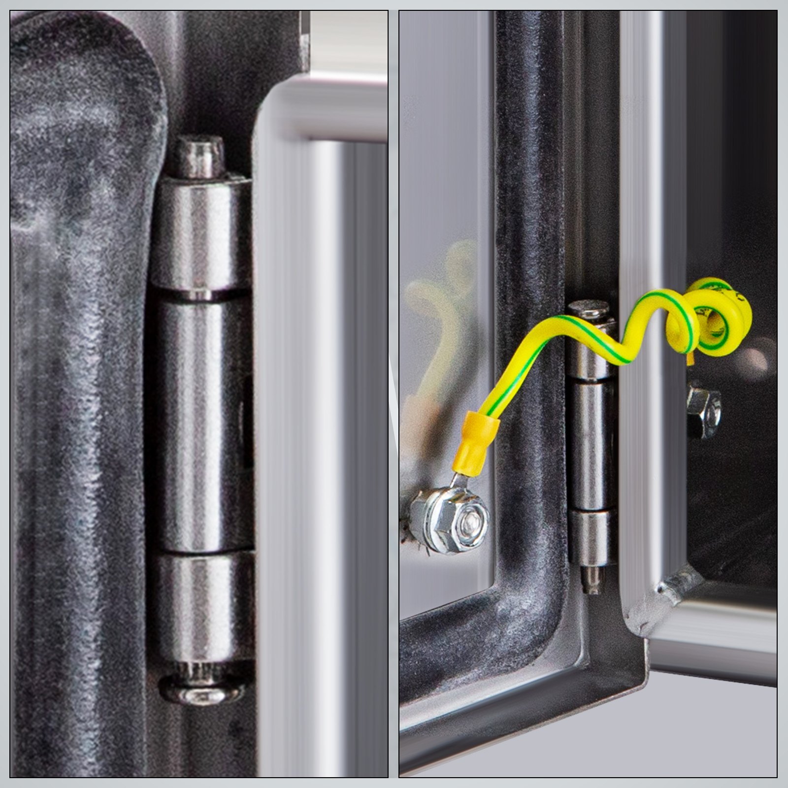 Bisagra de caja eléctrica de acero inoxidable nema VEVOR y detalles de cableado interno.