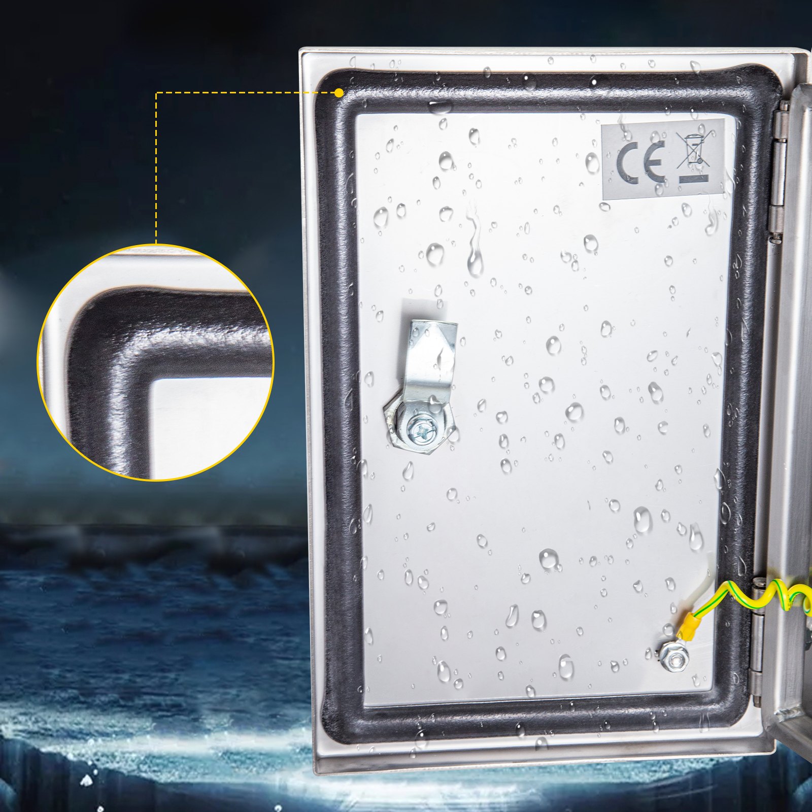 Caja eléctrica de acero inoxidable VEVOR nema con detalle de sello resistente al agua.