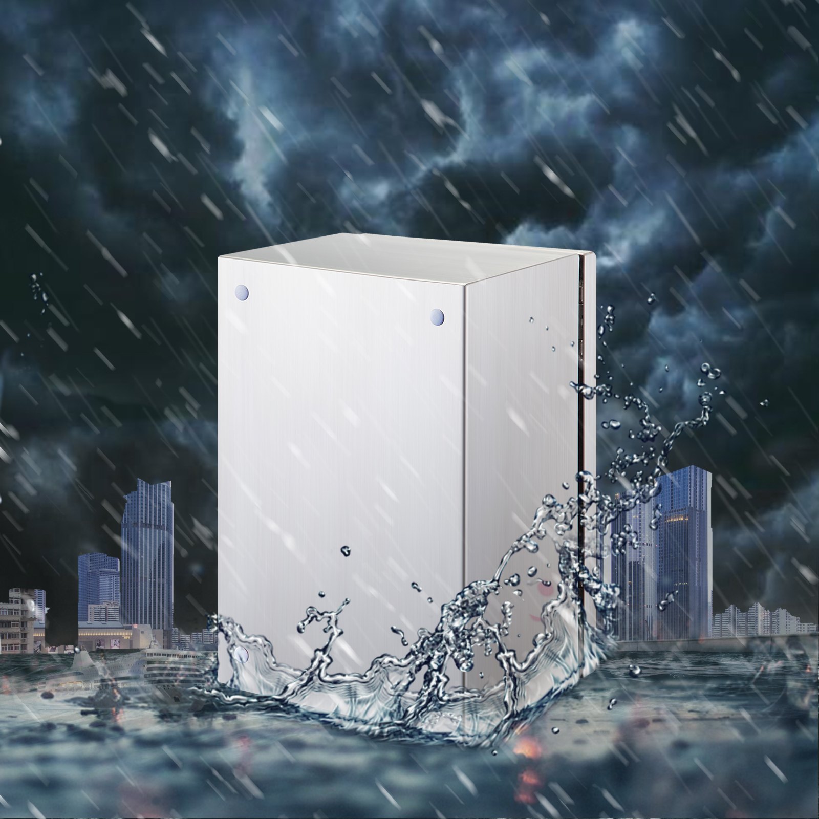 Caja eléctrica de acero inoxidable VEVOR nema bajo intensa lluvia con fondo de paisaje urbano.