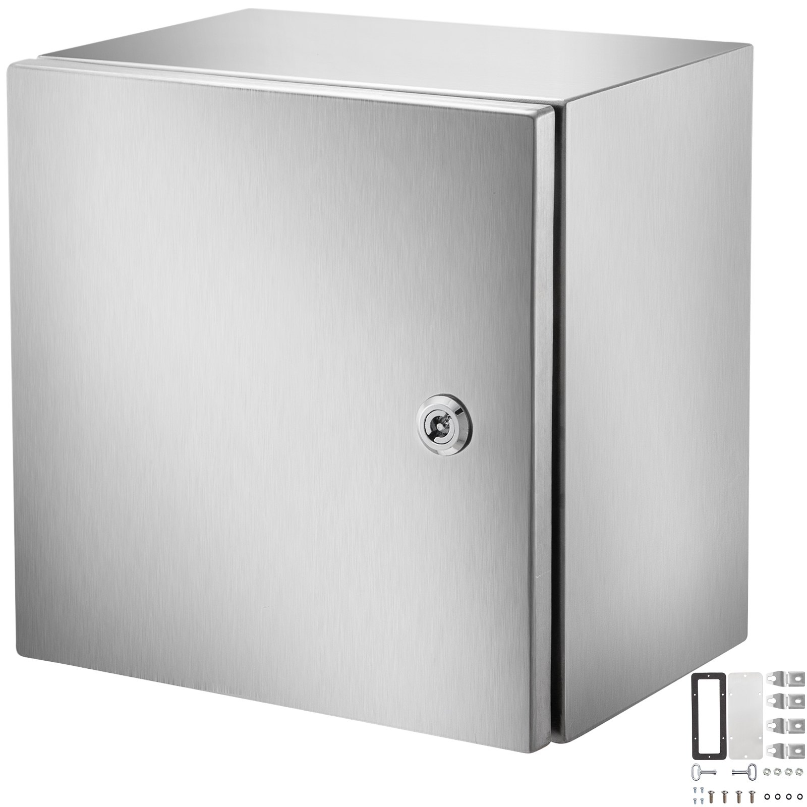 Caja de acero inoxidable VEVOR nema con mecanismo de bloqueo y accesorios de montaje.