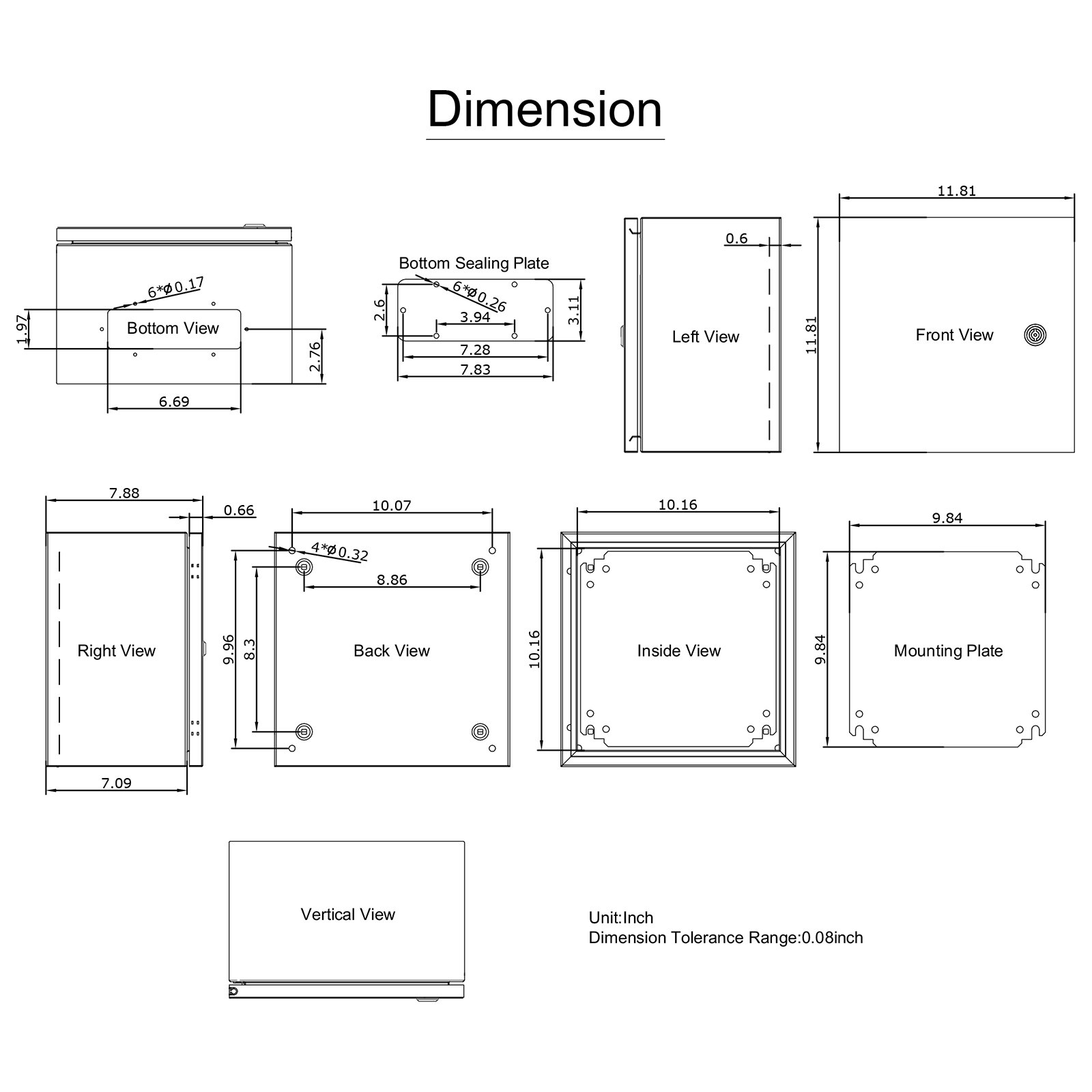 Diagrama de dimensiones de carcasa de acero inoxidable nema VEVOR con varias vistas y medidas.