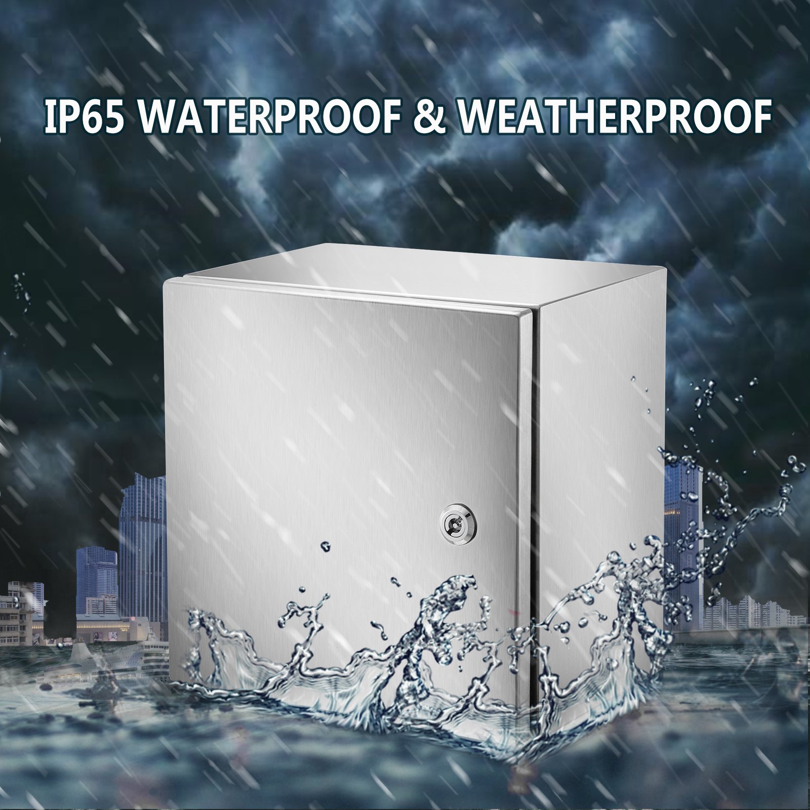 Carcasa de acero inoxidable VEVOR nema resistente a la lluvia, destacando la clasificación de impermeabilidad IP65.