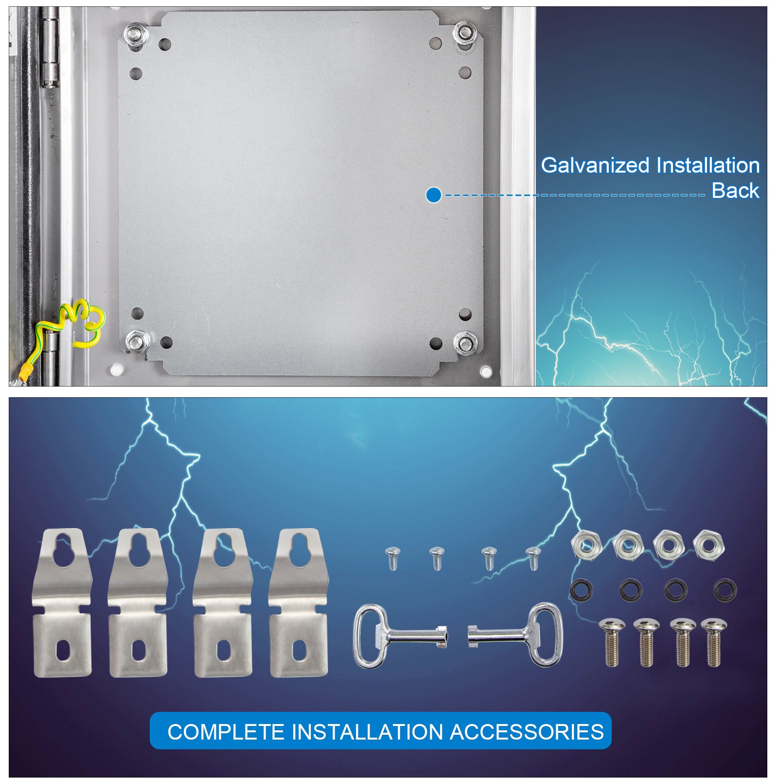Gabinete VEVOR nema de acero inoxidable con parte trasera de instalación galvanizada y accesorios completos.