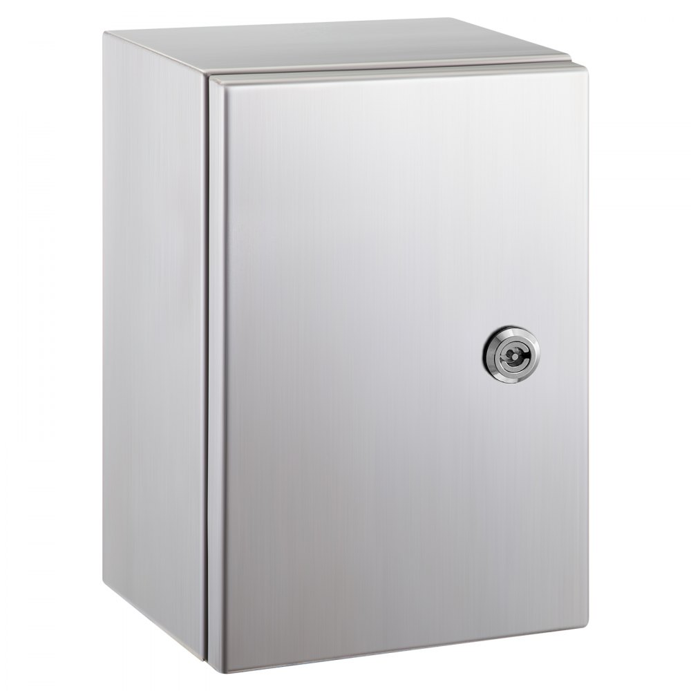 Carcasa de acero inoxidable VEVOR nema 4x con acabado brillante y mecanismo de bloqueo seguro.