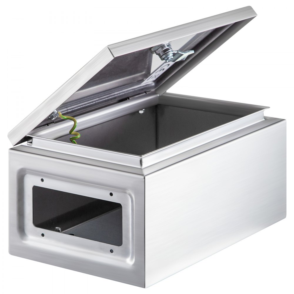 Caja de acero inoxidable VEVOR nema 4x con tapa abierta y cableado visible.
