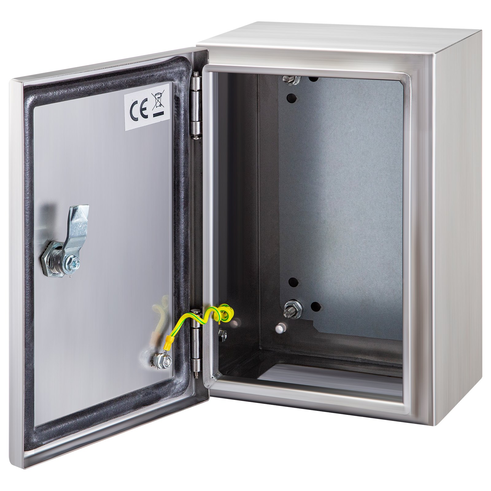 Gabinete de acero inoxidable VEVOR nema 4x con puerta abierta que muestra detalles interiores.