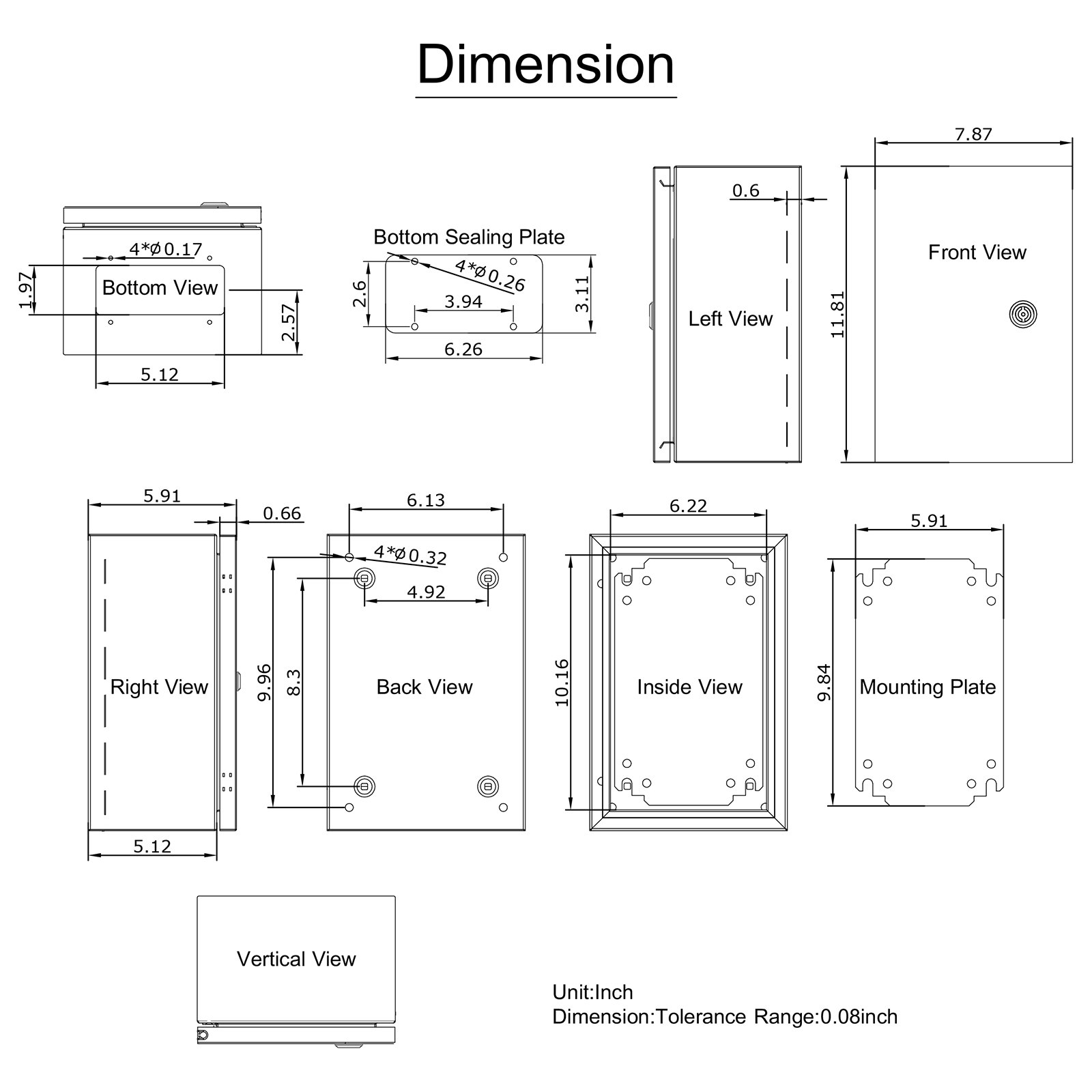 Vistas dimensionales de la carcasa de acero inoxidable VEVOR nema 4x con medidas.