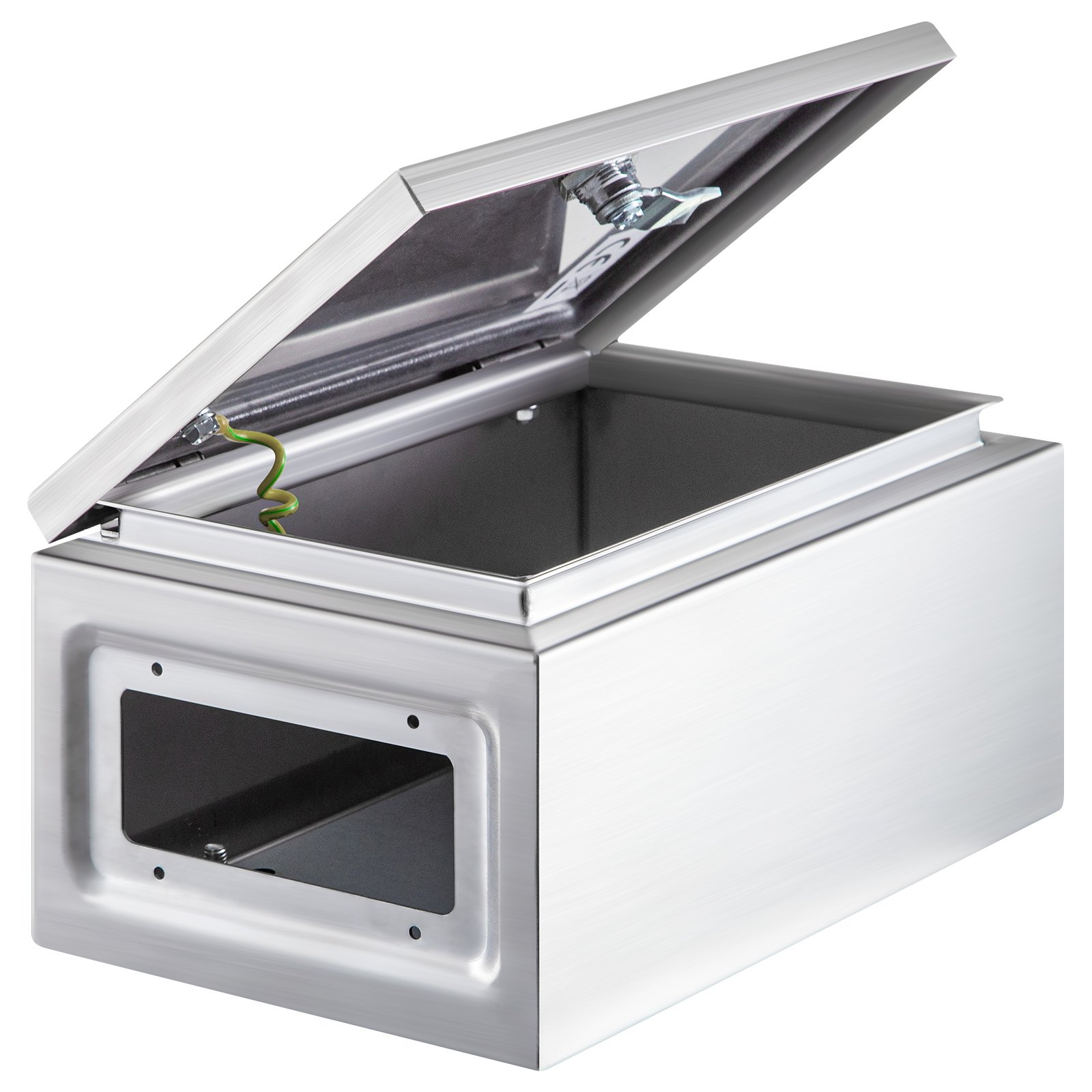 Caja de acero inoxidable VEVOR nema 4x con tapa abierta y cableado visible.