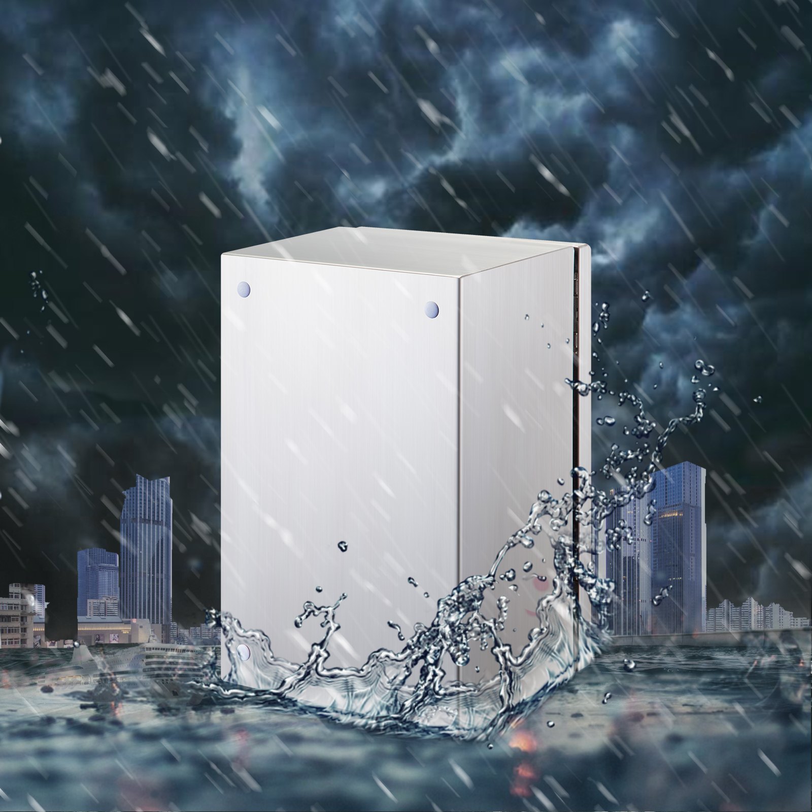 Carcasa de acero inoxidable VEVOR nema 4x bajo intensa lluvia y cielos oscuros y tormentosos.