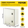 Carcasa de acero nema VEVOR con dimensiones de producto e íconos para diversas aplicaciones.