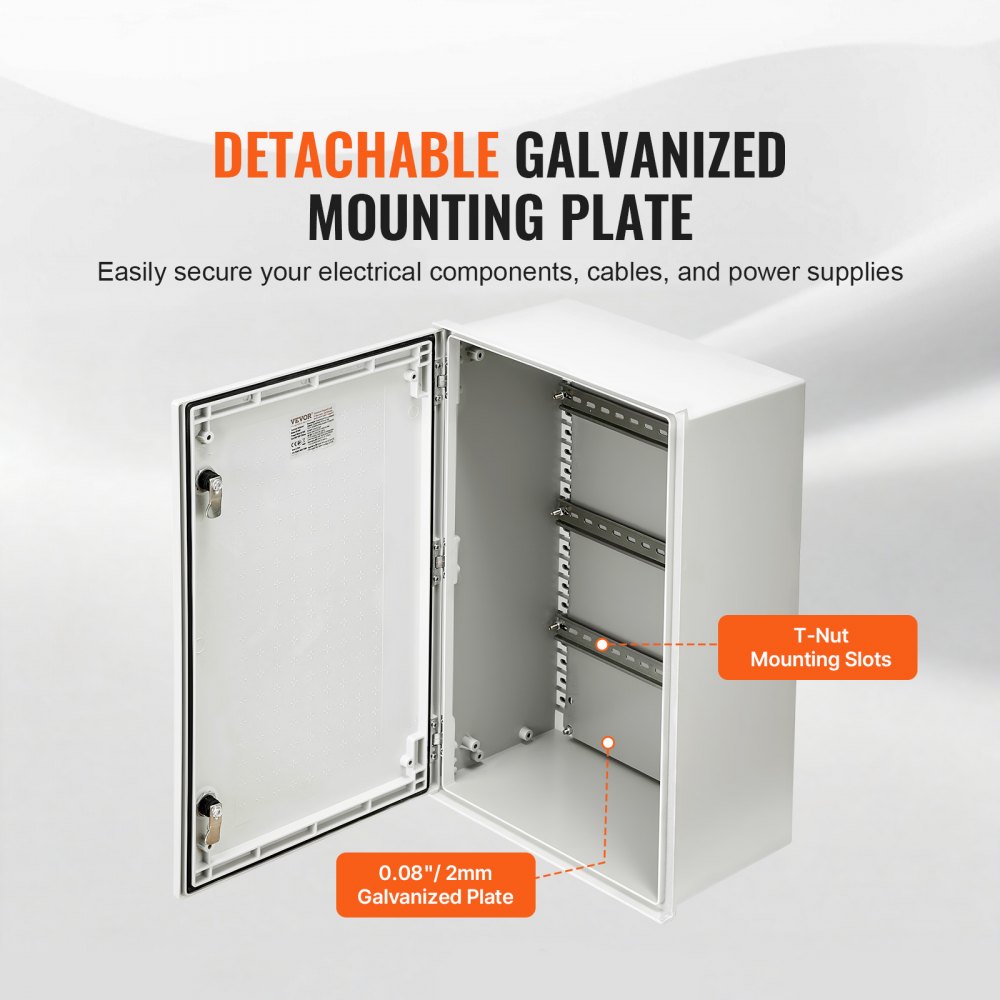Caja de acero VEVOR NEMA, 24 x 16 x 9 pulgadas, caja eléctrica de fibra de vidrio NEMA 4X, IP66, resistente al agua y al polvo, caja de conexiones eléctricas para exterior e interior, con placa de montaje (60 x 40 x 23 cm)