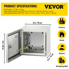 Caja de acero VEVOR NEMA, caja eléctrica de acero NEMA 4X de 8 x 8 x 6'', IP66 a prueba de agua y polvo, caja de conexiones eléctricas para exteriores/interiores