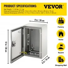 Caja de acero VEVOR NEMA, caja eléctrica de acero NEMA 4X de 12 x 8 x 6'', IP66 a prueba de agua y polvo, caja de conexiones eléctricas para exteriores/interiores, con placa de montaje