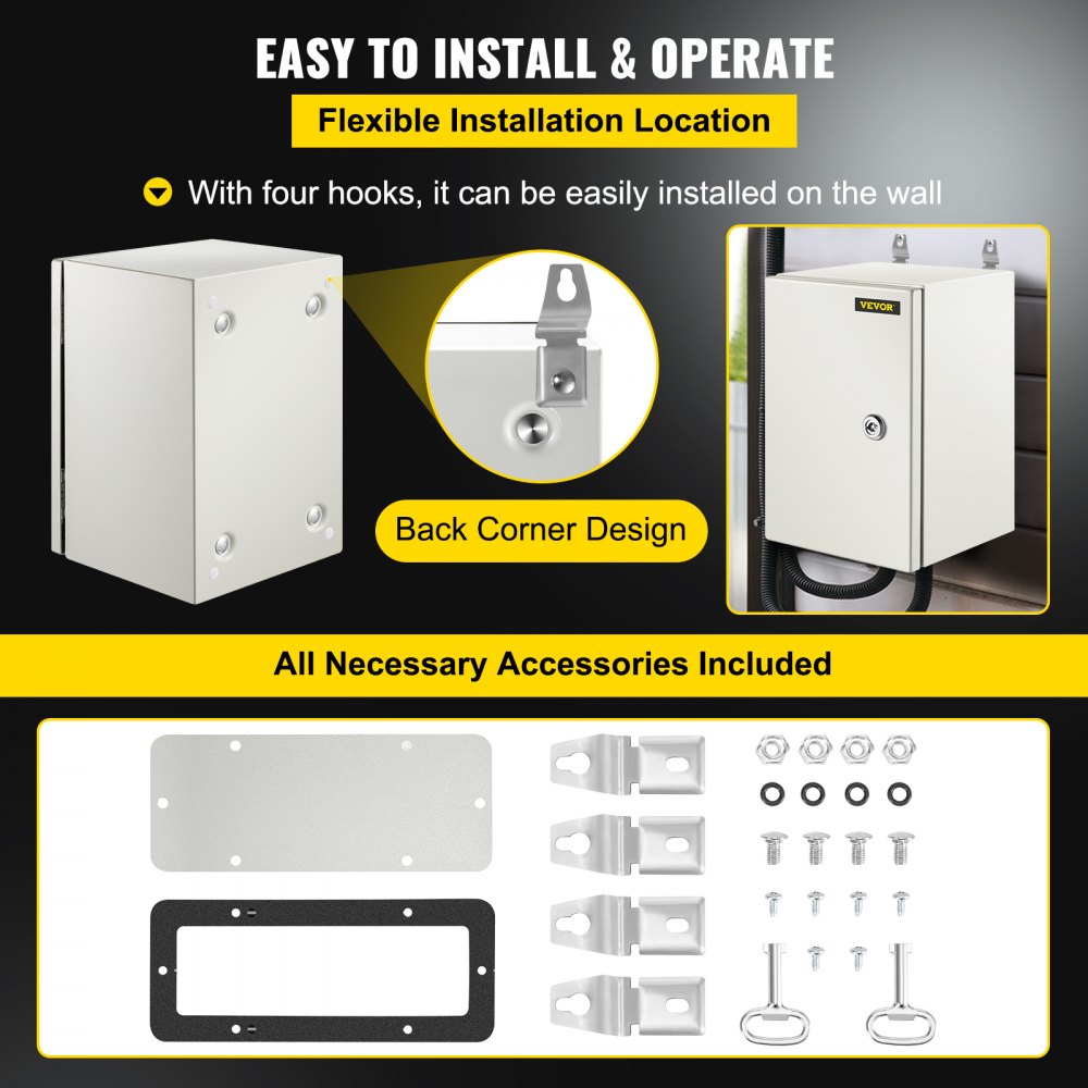 Caja eléctrica de acero VEVOR nema 4x con ganchos de instalación y accesorios incluidos.