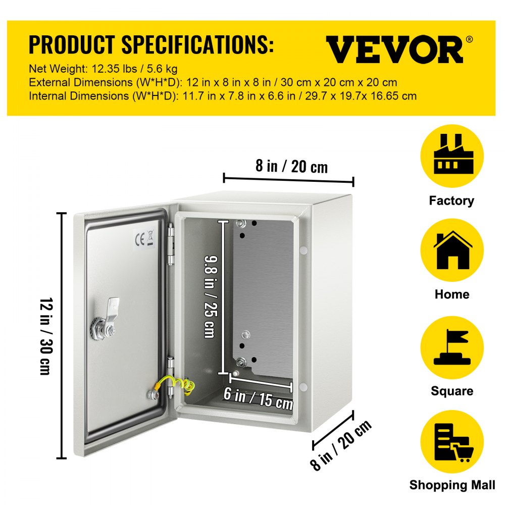 Caja eléctrica de acero VEVOR nema 4x con dimensiones e íconos de uso mostrados.