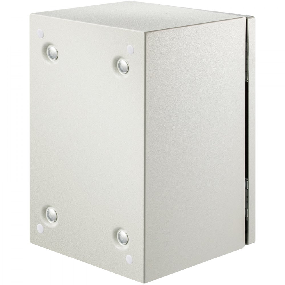 Caja eléctrica de acero VEVOR nema 4x con tornillos y bisagras visibles, color beige.