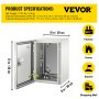 Caja eléctrica de acero VEVOR nema 4x con dimensiones e íconos de uso mostrados.