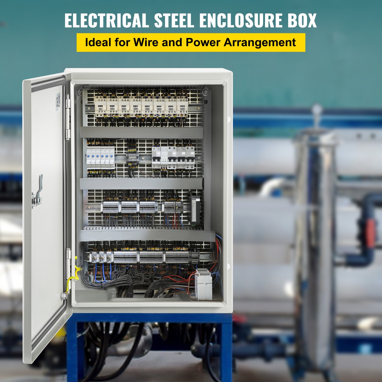 Caja eléctrica de acero VEVOR nema 4x con cableado y disposición de energía en el interior.