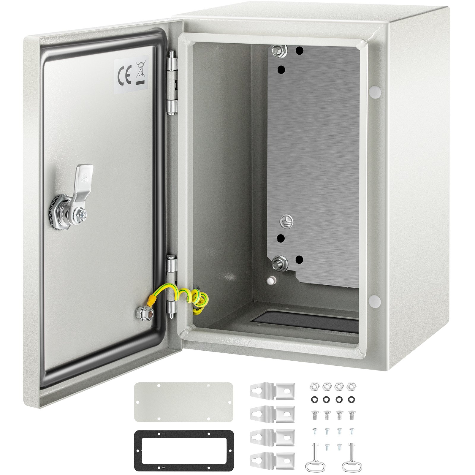 Caja eléctrica de acero VEVOR nema 4x, abierta con accesorios de montaje mostrados.