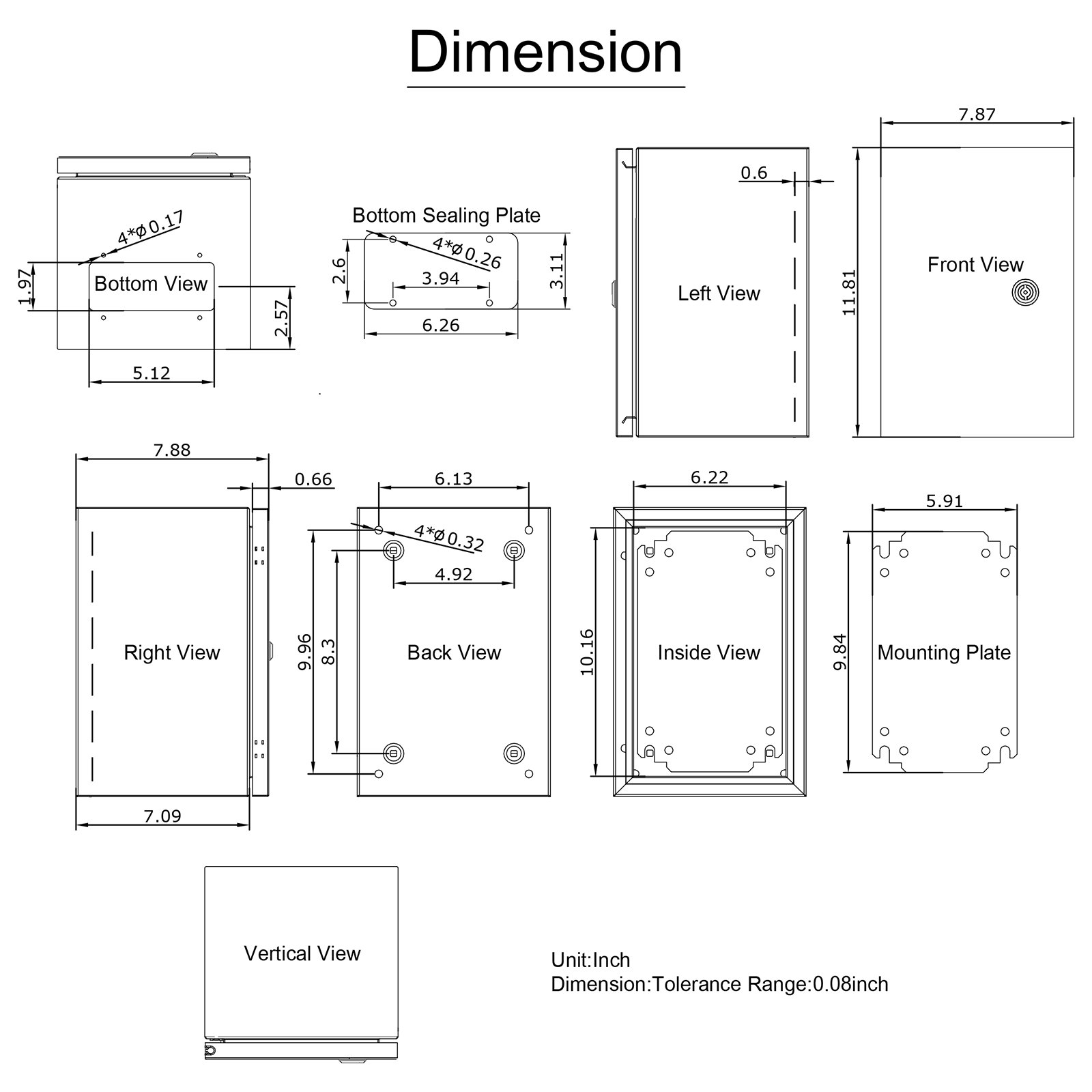 Dimensiones y vistas de la caja eléctrica de acero VEVOR nema 4x.