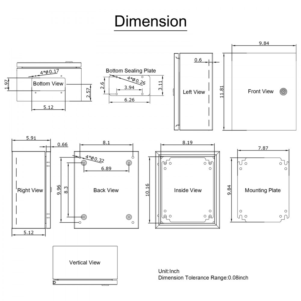 Dimensiones de la carcasa de acero nema VEVOR desde varias vistas.