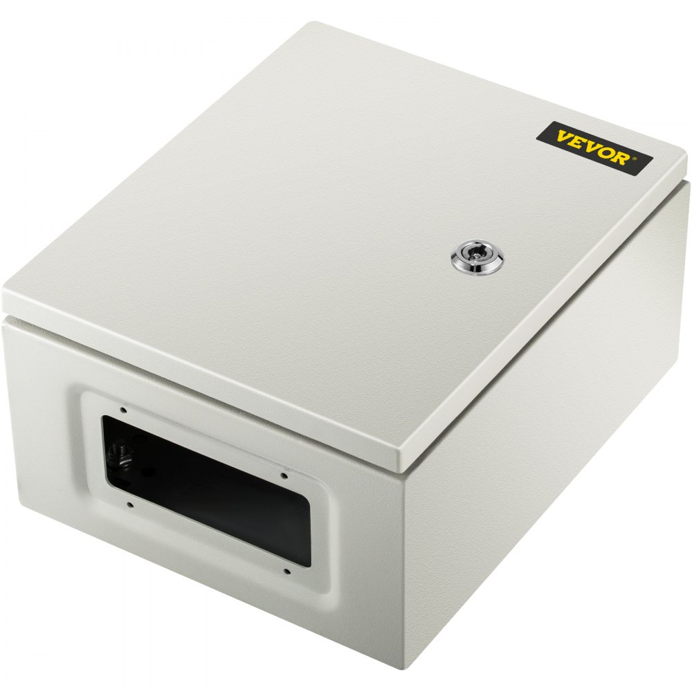 Gabinete VEVOR de acero nema con cerradura con llave en la parte superior, acabado blanco y diseño cuadrado.