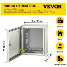 Caja de acero VEVOR NEMA, caja eléctrica de acero NEMA 4X de 12 x 10 x 6'', IP66 a prueba de agua y polvo, caja de conexiones eléctricas para exteriores/interiores, con placa de montaje