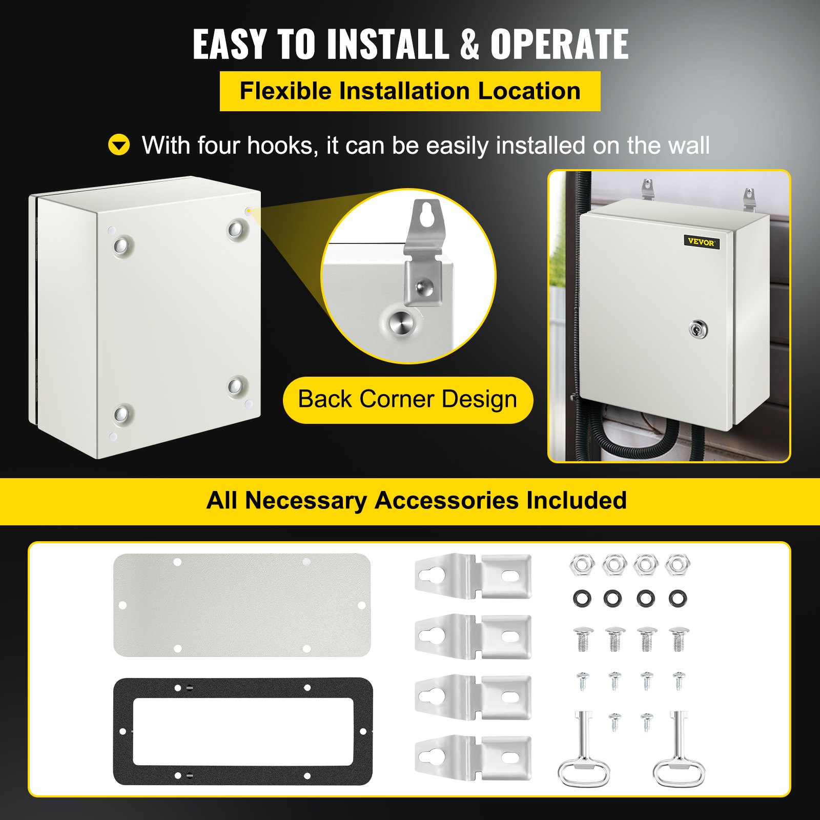 Caja de acero nema VEVOR con ganchos y accesorios incluidos para instalación en pared.