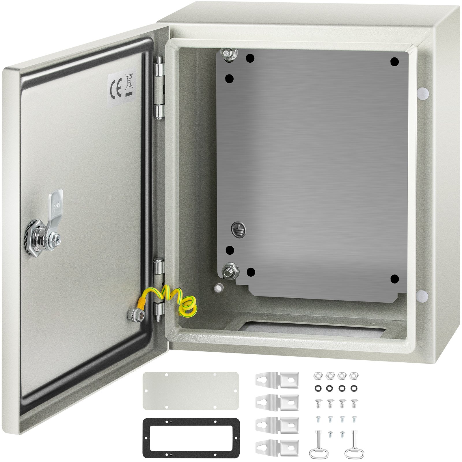 Caja de acero nema VEVOR abierta con accesorios de montaje y panel gris.