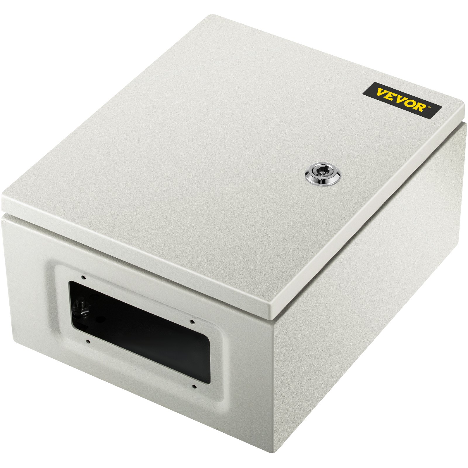 Gabinete VEVOR de acero nema con cerradura con llave en la parte superior, acabado blanco y diseño cuadrado.