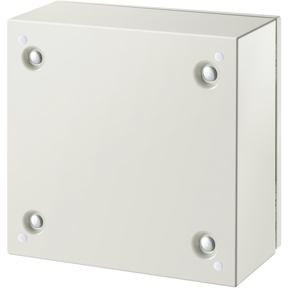 Carcasa de acero VEVOR nema 4x con cuatro tornillos en las esquinas sobre una elegante superficie gris.