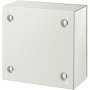 Carcasa de acero VEVOR nema 4x con cuatro tornillos en las esquinas sobre una elegante superficie gris.