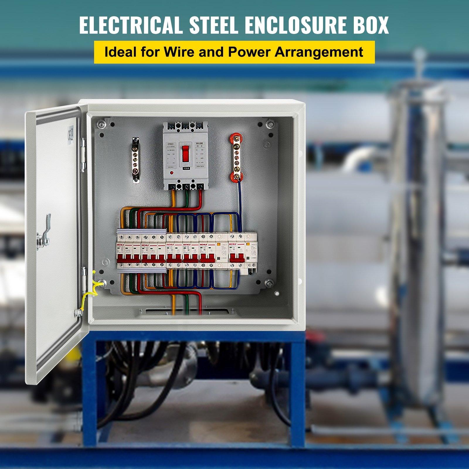 Caja de acero VEVOR nema 4x con componentes eléctricos y disposición de cableado.