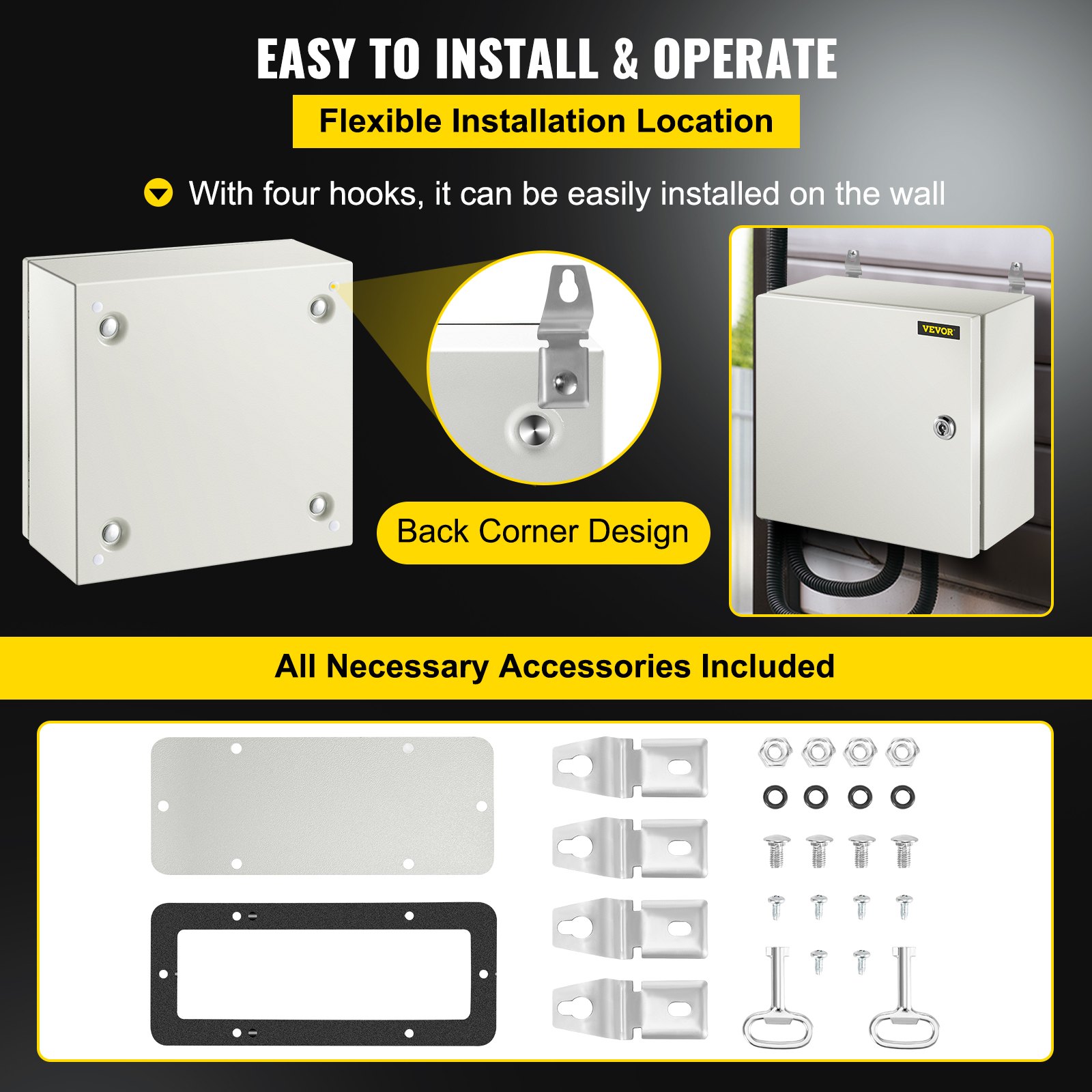Caja de acero VEVOR nema 4x con herrajes de montaje y accesorios para instalación en pared.
