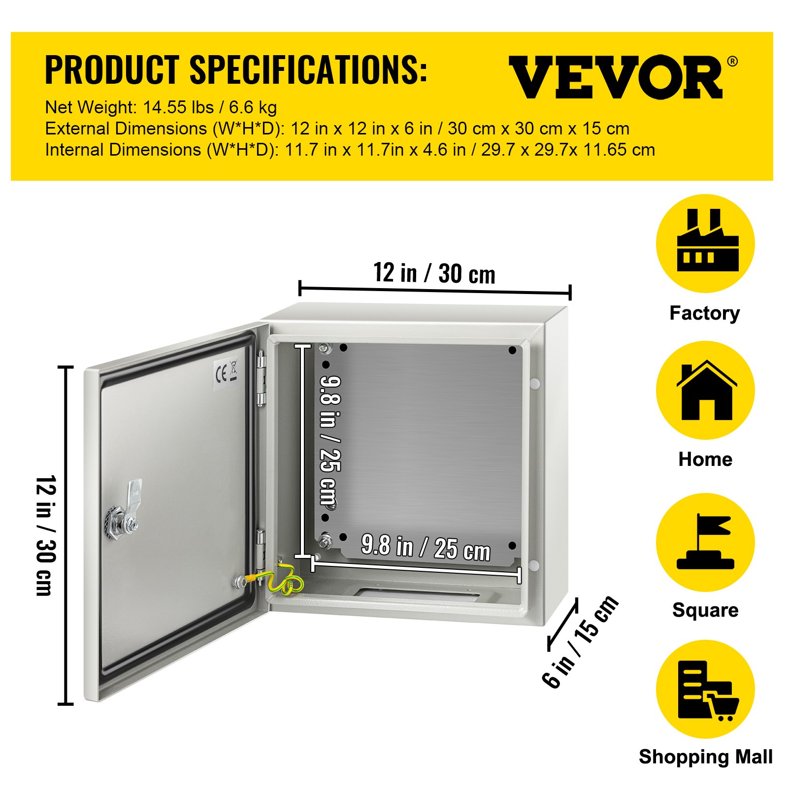 Gabinete de acero VEVOR nema 4x con puerta abierta, que muestra las dimensiones internas.