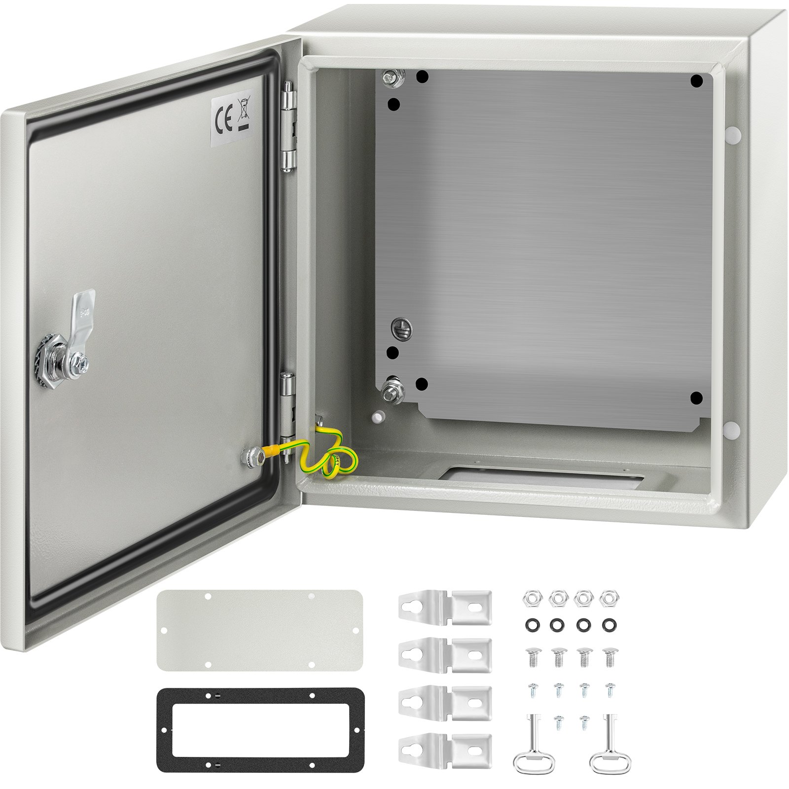 Caja de acero VEVOR nema 4x con puerta abierta, accesorios de montaje incluidos.