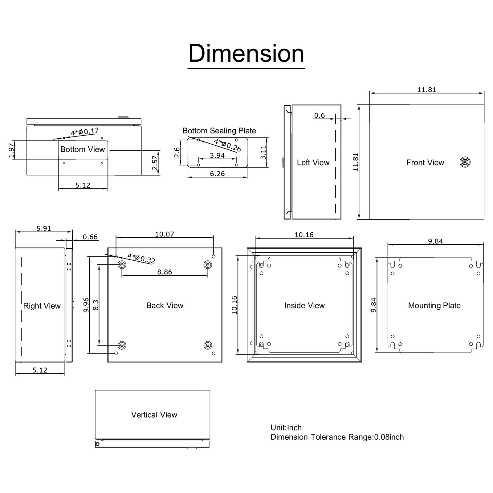 Dimensiones y vistas de la carcasa de acero VEVOR nema 4x, incluido el frente y el interior.