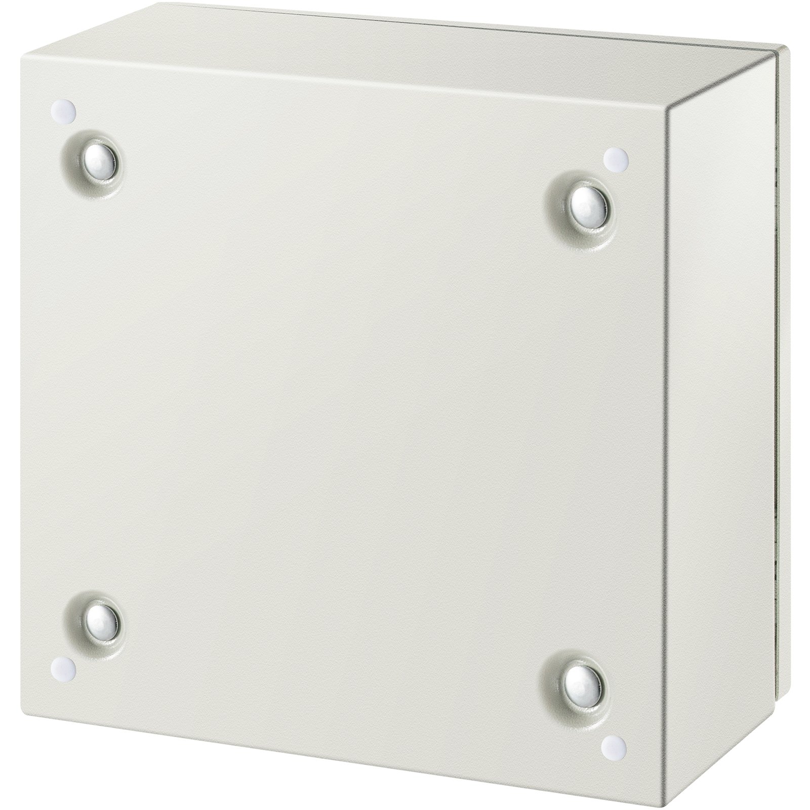 Carcasa de acero VEVOR nema 4x con cuatro tornillos en las esquinas sobre una elegante superficie gris.