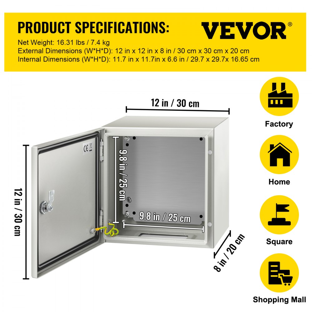 Especificaciones de la carcasa de acero nema VEVOR, 12 x 12 x 8 pulgadas, adecuada para fábrica, hogar, centro comercial.