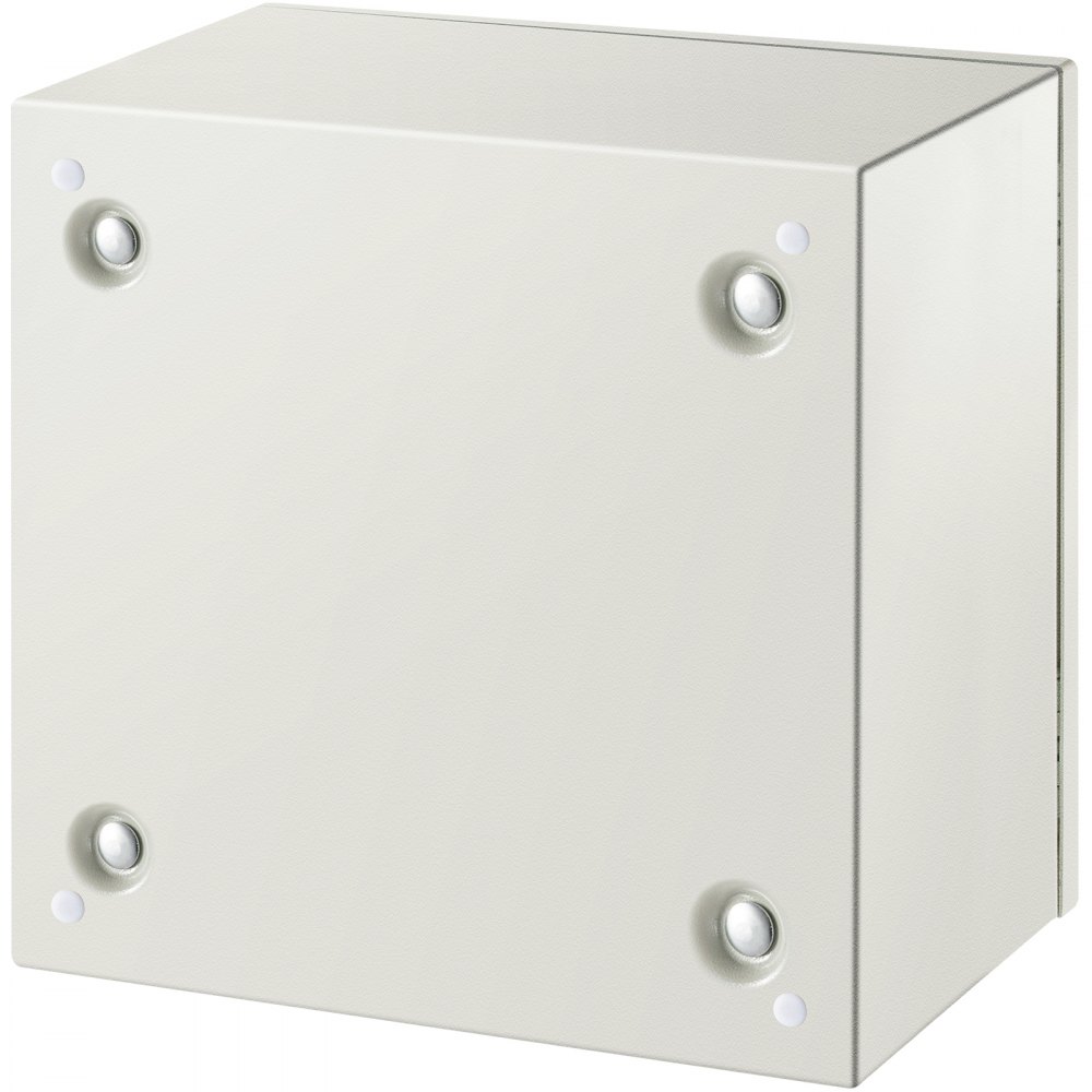 Caja de acero nema VEVOR gris con cuatro tornillos de montaje.