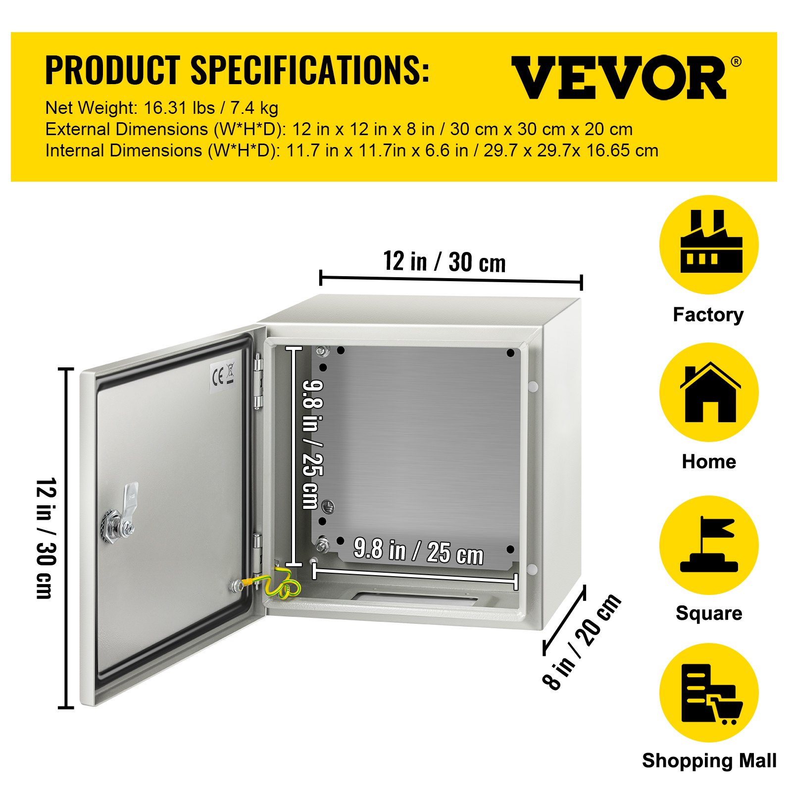 Especificaciones de la carcasa de acero nema VEVOR, 12 x 12 x 8 pulgadas, adecuada para fábrica, hogar, centro comercial.