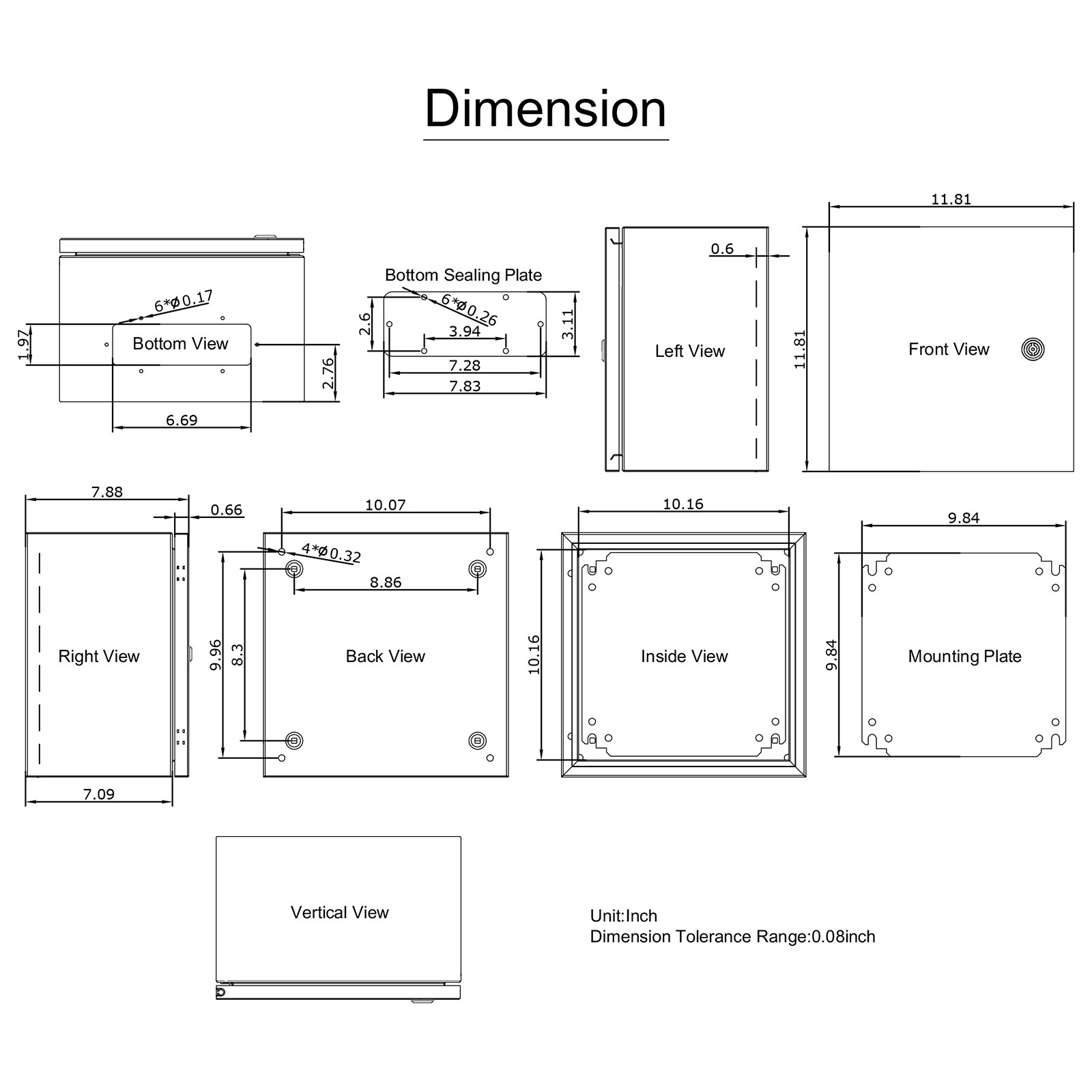 Dimensiones del gabinete de acero nema VEVOR con vistas frontal, lateral, posterior y de montaje.