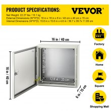 Caja de acero VEVOR NEMA, caja eléctrica de acero NEMA 4X de 16 x 16 x 6'', IP66 a prueba de agua y polvo, caja de conexiones eléctricas para exteriores/interiores, con placa de montaje