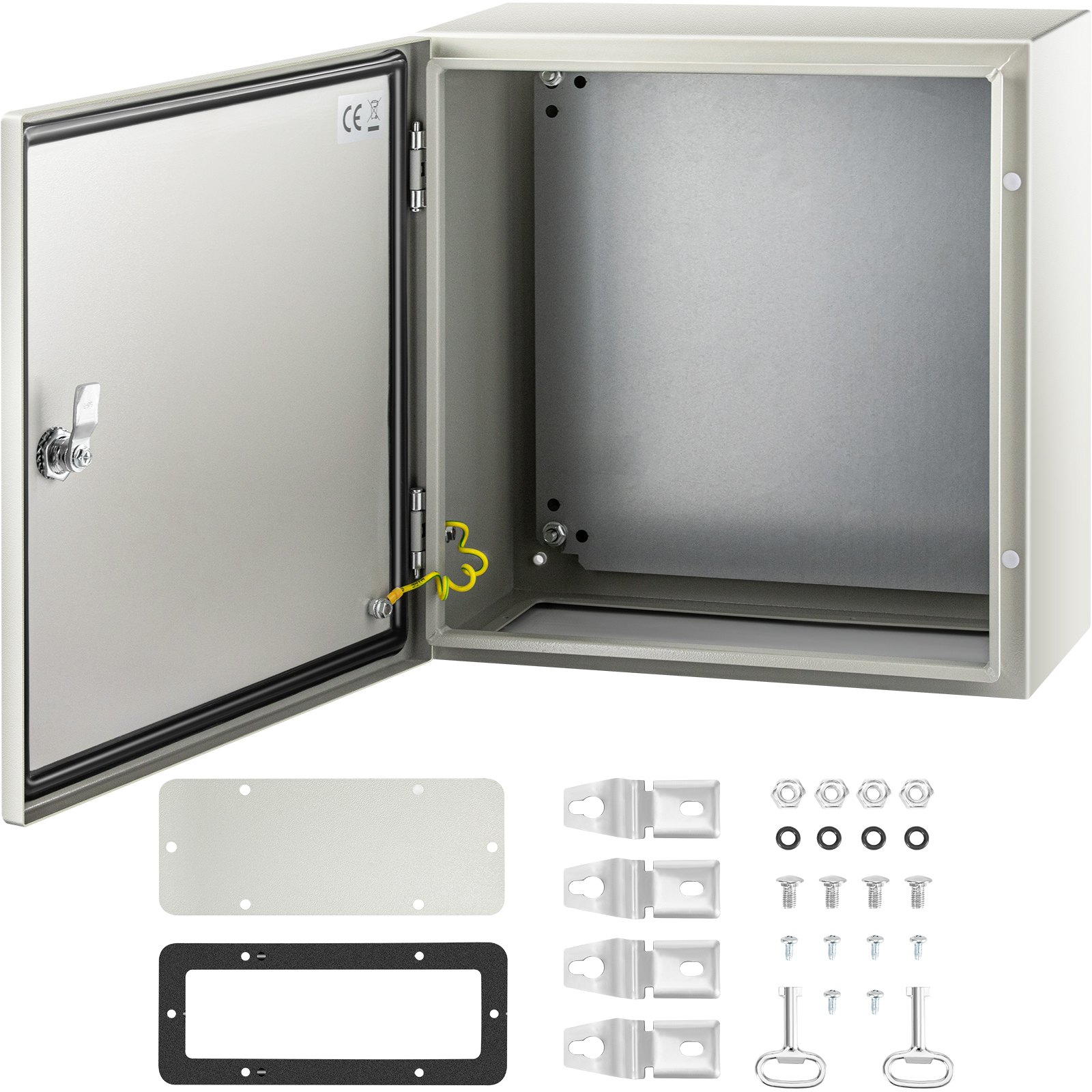 Gabinete de acero nema VEVOR con puerta abierta, que muestra el hardware y los accesorios de montaje.